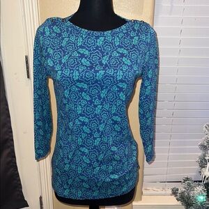 Land’s End Teal Floral 3/4 Sleeve Top